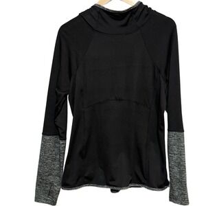 Avia Women Large Black Grey Pullover Hooded Sweatshirt Hoodie Thumb Hole Sleeve